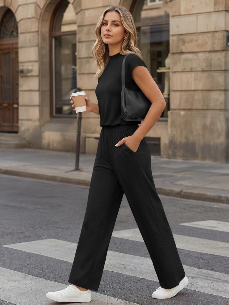 LILLUSORY Jumpsuits for Women Dressy Summer Jumpsuit 2026 Cap Sleeve Tops High Waist Wide Leg Pant Sets with Pockets BlackBlack L - Image 3