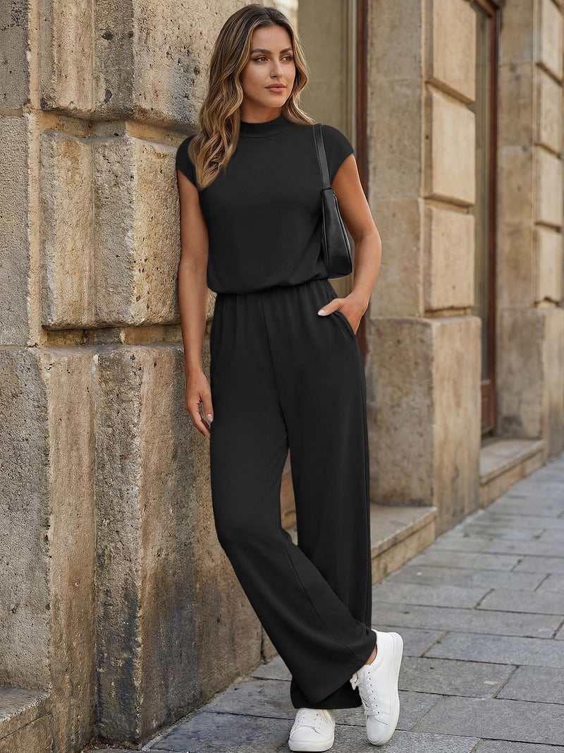 LILLUSORY Jumpsuits for Women Dressy Summer Jumpsuit 2026 Cap Sleeve Tops High Waist Wide Leg Pant Sets with Pockets BlackBlack L - Image 5