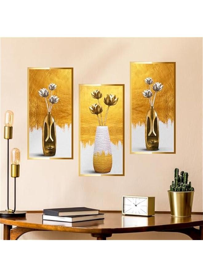 Gold Vase Self Adhesive Wall Stickers, 3D Vinyl Lotus Wall Art Sticker Set of 3, Wall Decal Home Decor Wall Posters and Prints for Aisle Stairs Wall Corner Living Room Sofa Backdrop, 11.8x23.6  - Image 1