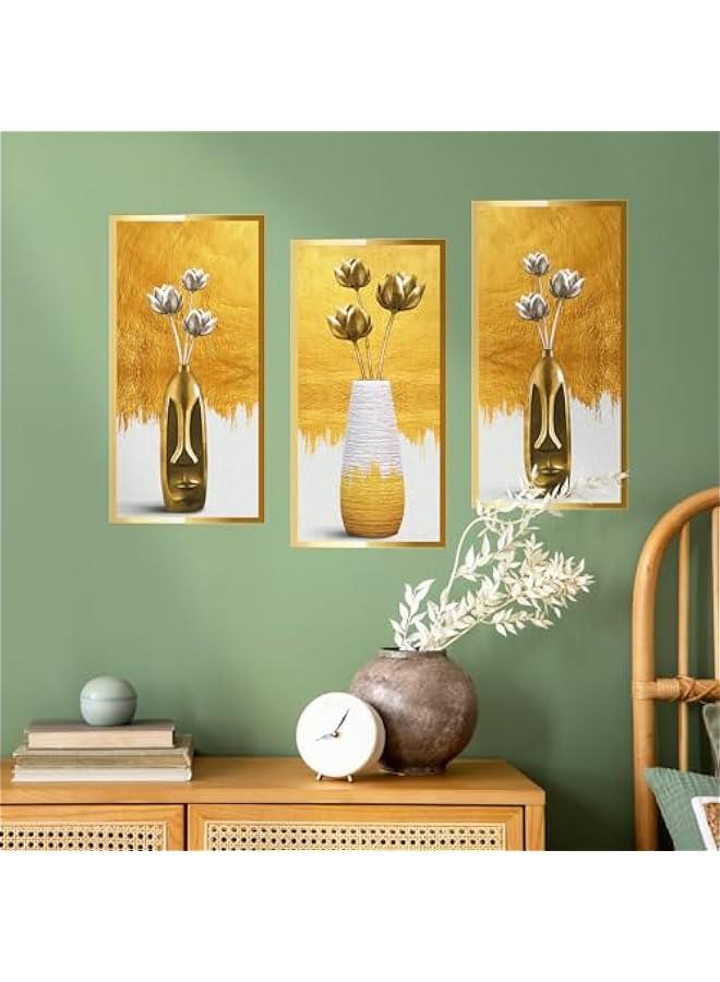 Gold Vase Self Adhesive Wall Stickers, 3D Vinyl Lotus Wall Art Sticker Set of 3, Wall Decal Home Decor Wall Posters and Prints for Aisle Stairs Wall Corner Living Room Sofa Backdrop, 11.8x23.6  - Image 2