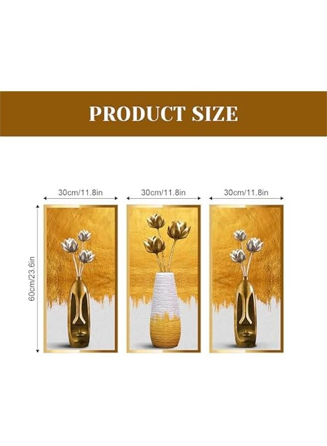Gold Vase Self Adhesive Wall Stickers, 3D Vinyl Lotus Wall Art Sticker Set of 3, Wall Decal Home Decor Wall Posters and Prints for Aisle Stairs Wall Corner Living Room Sofa Backdrop, 11.8x23.6  - Image 4
