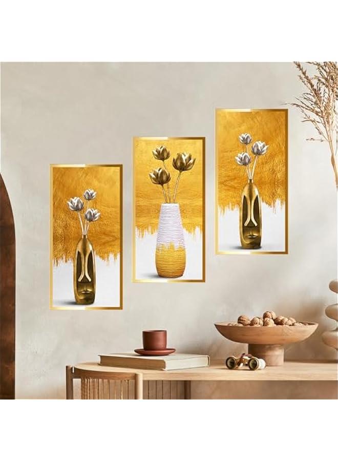 Gold Vase Self Adhesive Wall Stickers, 3D Vinyl Lotus Wall Art Sticker Set of 3, Wall Decal Home Decor Wall Posters and Prints for Aisle Stairs Wall Corner Living Room Sofa Backdrop, 11.8x23.6  - Image 3