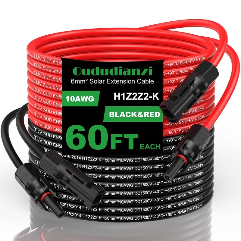 Oududianzi Solar Extension Cable 60Ft, 10AWG Solar Wire, Solar Cables, 10 Gauge Tinned Copper PV Wire, Solar Panel Wires and connectors for Home Roofs RV Camping Boats Solar Panels - Image 1