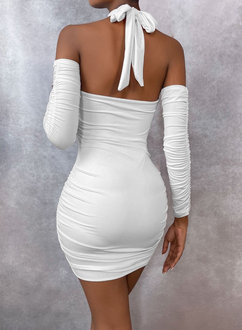 Loquat New Fashion Long-sleeved Backless Swing Neck Hanging Neck Lace-up Dress  - Image 2