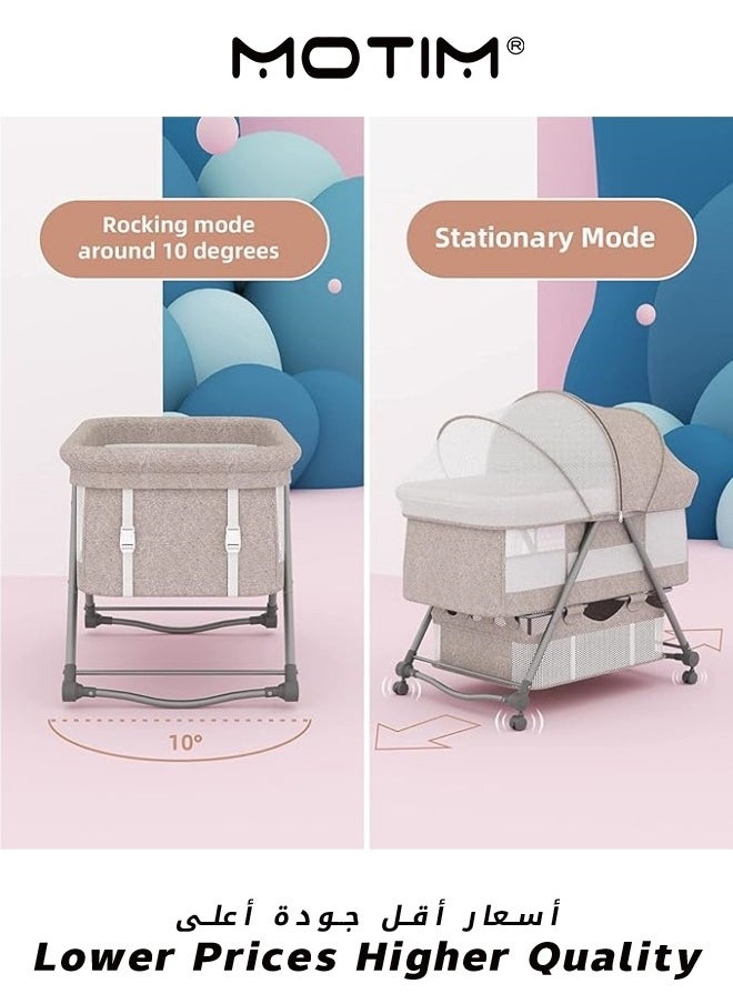 Motim 2 in 1 Portable Movable Crib Foldable Baby Bassinet with Mosquito Shade Net Storage Basket and Memory Foam Mattress Khaki  - Image 2