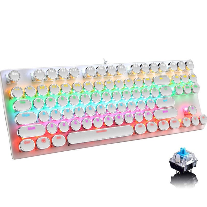 Ltvystore Mechanical Gaming Keyboard87 Key Retro Punk TypewriterStyleBlue Switch Rainbow Backlit KeyboardAntiGhosting USB Wired for PC Laptop Desktop Computer for Game and OfficeWhite