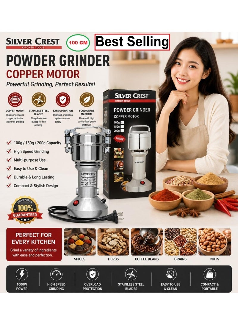 Silver Crest Powder Grinder 1000W Copper Motor, Stainless Steel Blades, High Speed Electric Spice Grinder for Coffee Beans, Herbs, Grains, Nuts and Dry Ingredients, Multi-Purpose Kitchen Grinding Machine with Overload Protection - Image 1