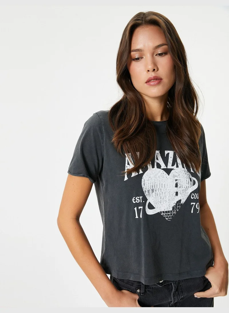 KOTON Cotton Short Sleeve Crew Neck Printed T-Shirt
