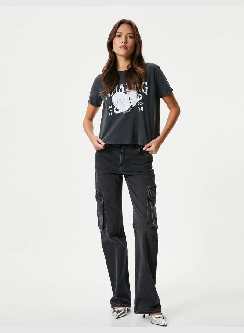 KOTON Cotton Short Sleeve Crew Neck Printed T-Shirt