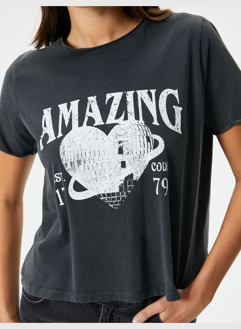 KOTON Cotton Short Sleeve Crew Neck Printed T-Shirt