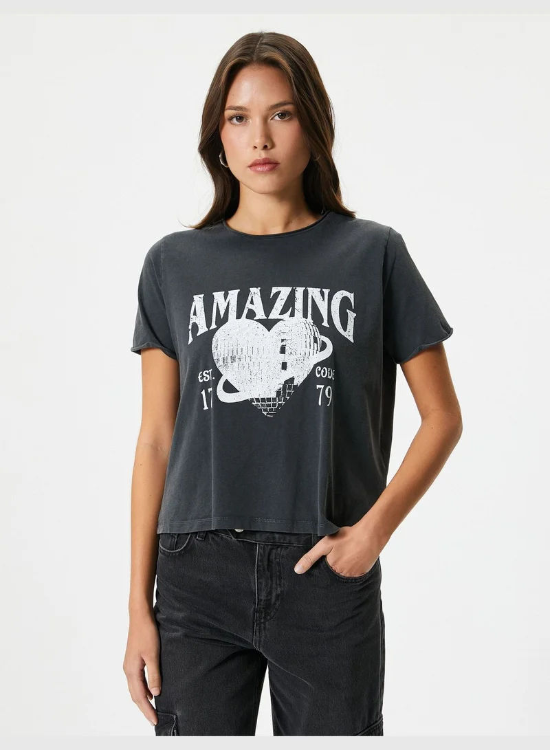 KOTON Cotton Short Sleeve Crew Neck Printed T-Shirt
