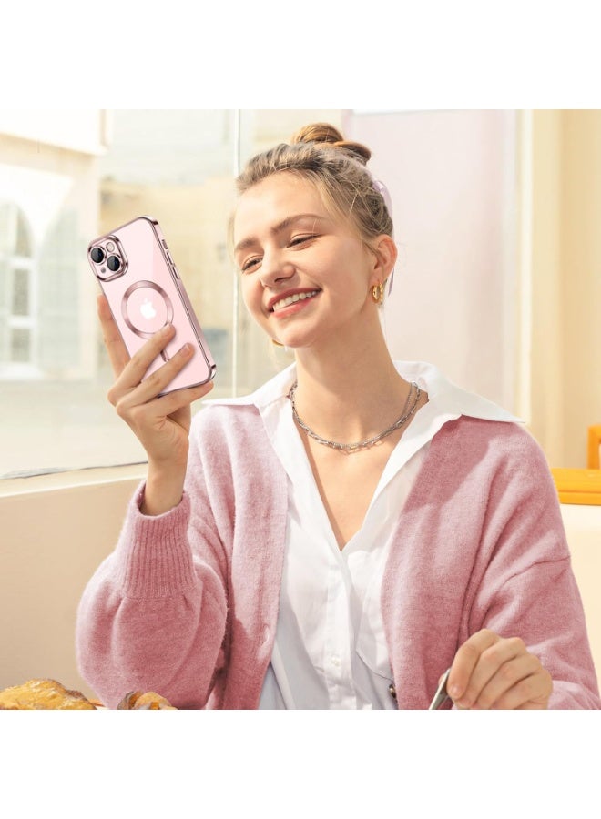 جراب مطلي بالكهرباء لهاتف iPhone 13/14 مع حماية كاملة لعدسة الكاميرا متوافق مع الشحن اللاسلكي MagSafe، غطاء مغناطيسي ناعم مقاوم للصدمات من مادة TPU لهاتف iPhone (ذهبىي وردي) - Image 2