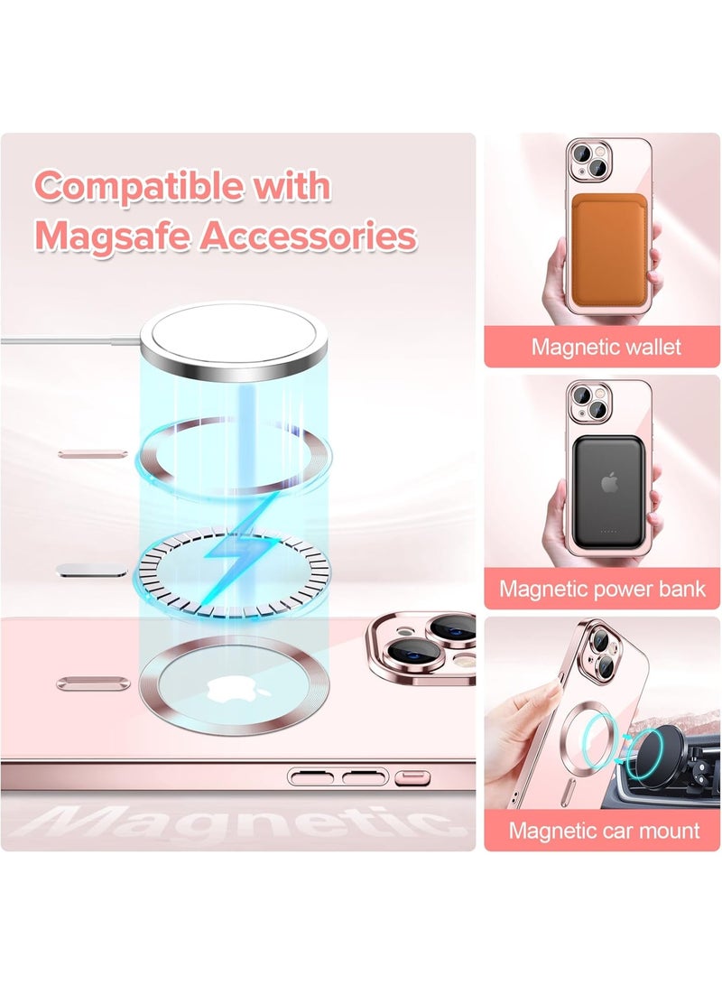 جراب مطلي بالكهرباء لهاتف iPhone 13/14 مع حماية كاملة لعدسة الكاميرا متوافق مع الشحن اللاسلكي MagSafe، غطاء مغناطيسي ناعم مقاوم للصدمات من مادة TPU لهاتف iPhone (ذهبىي وردي) - Image 5