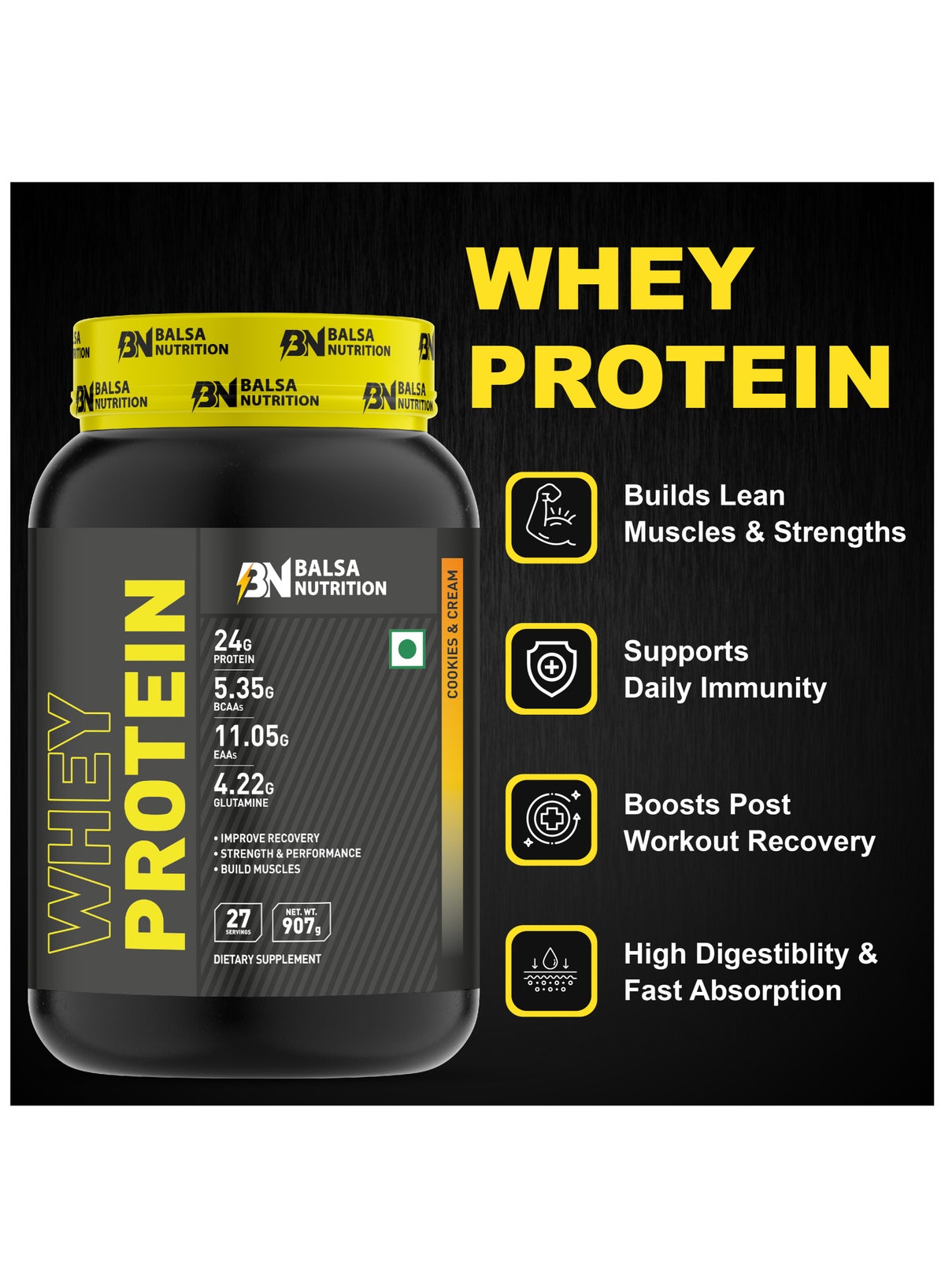 Whey Protein Powder- 907G, 33G Per Serving (Cookies & Cream)