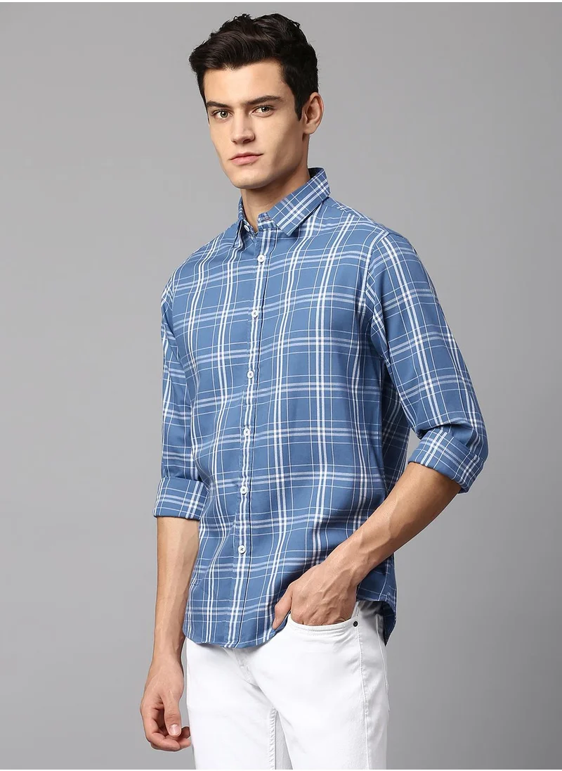 Dennis Lingo Slim Fit Dusty Blue Men's Checkered Shirt, Spread Collar, Full Sleeves, 100% Cotton