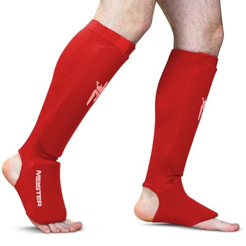 Meister MMA Elastic Cloth Shin & Instep Padded Guards (Pair) - Red - Youth/X-Small - Image 2