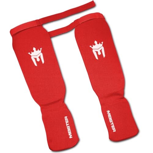 Meister MMA Elastic Cloth Shin & Instep Padded Guards (Pair) - Red - Youth/X-Small - Image 3