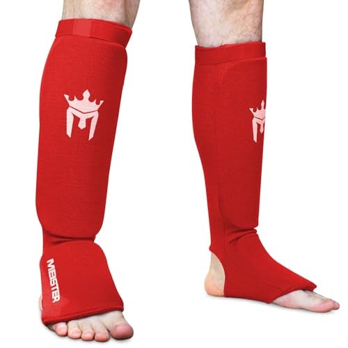 Meister MMA Elastic Cloth Shin & Instep Padded Guards (Pair) - Red - Youth/X-Small - Image 5