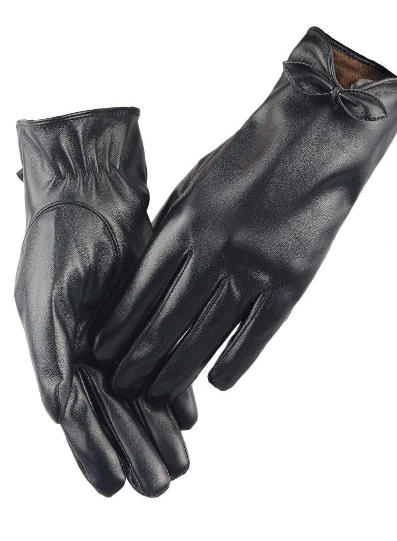 KASTWAVE Leather Gloves for Women, Women PU Leather Touchscreen Gloves Touch Screen Texting Winter Warm Cycling Driving Bowknot Gloves  - Image 1