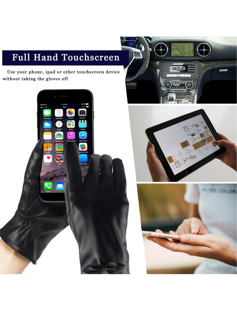 KASTWAVE Leather Gloves for Women, Women PU Leather Touchscreen Gloves Touch Screen Texting Winter Warm Cycling Driving Bowknot Gloves  - Image 5