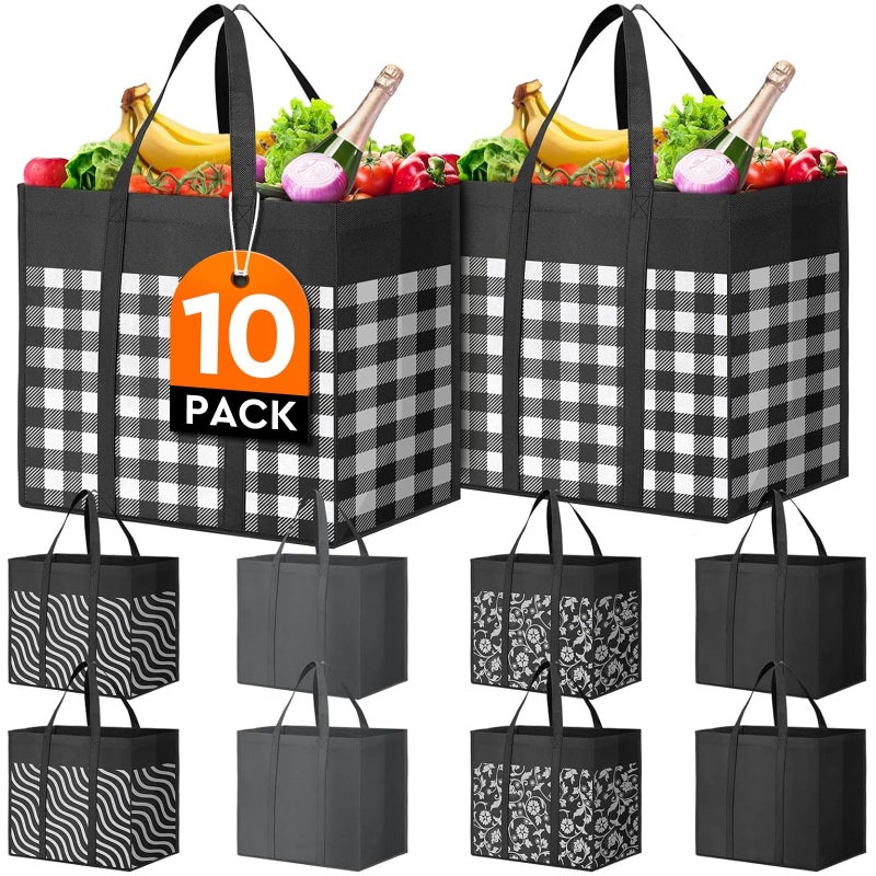 WISELIFE Reusable Grocery Shopping Bags 10 Pack Large Foldable Tote Bags Bulk Eco Produce Bags with Long Handle for Shopping Groceries Clothes Plaid D