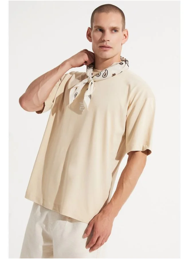 جون June Men Oversize Printed Crew Neck Tshirt Beige