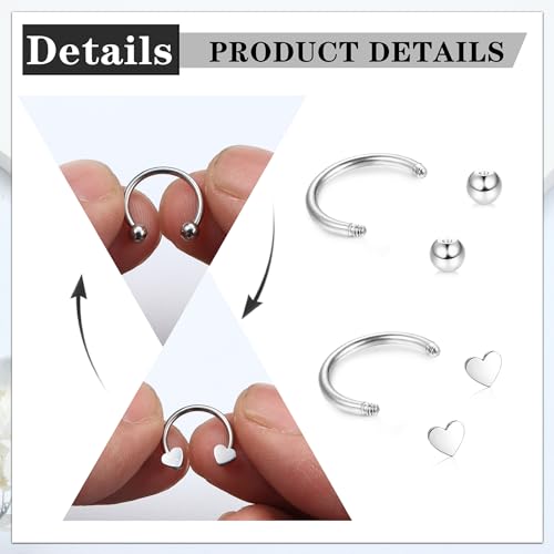 YADOCA 12pcs 16G Septum Rings for Women Men Hypoallergenic Surgical Steel Nose Piercings Jewelry Clicker Hinged Tragus Hoop Earrings CZ Love Nose Ring 8-10mm - Image 3