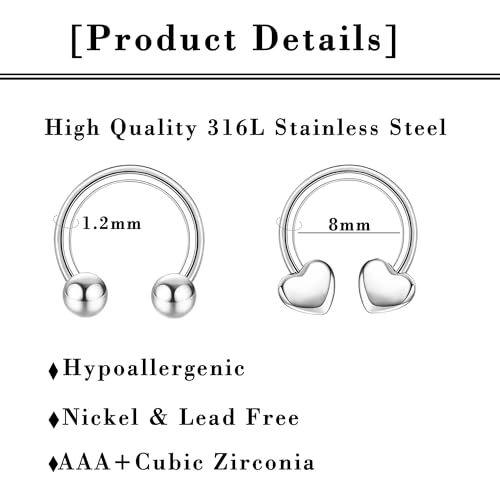 YADOCA 12pcs 16G Septum Rings for Women Men Hypoallergenic Surgical Steel Nose Piercings Jewelry Clicker Hinged Tragus Hoop Earrings CZ Love Nose Ring 8-10mm - Image 2