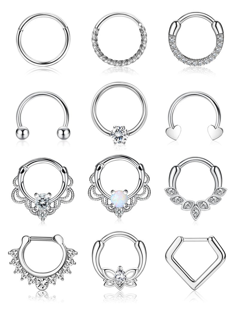 YADOCA 12pcs 16G Septum Rings for Women Men Hypoallergenic Surgical Steel Nose Piercings Jewelry Clicker Hinged Tragus Hoop Earrings CZ Love Nose Ring 8-10mm - Image 1