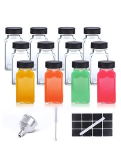 SKYLINK 12Pack 2oz Clear Glass Bottles with Airtight Lids – Reusable Small Square Juice Bottles for Fridge, Wide Mouth Jars with Black Labels, Stainless Steel Funnel & Brush  - Image 1