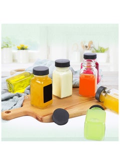 SKYLINK 12Pack 2oz Clear Glass Bottles with Airtight Lids – Reusable Small Square Juice Bottles for Fridge, Wide Mouth Jars with Black Labels, Stainless Steel Funnel & Brush  - Image 3