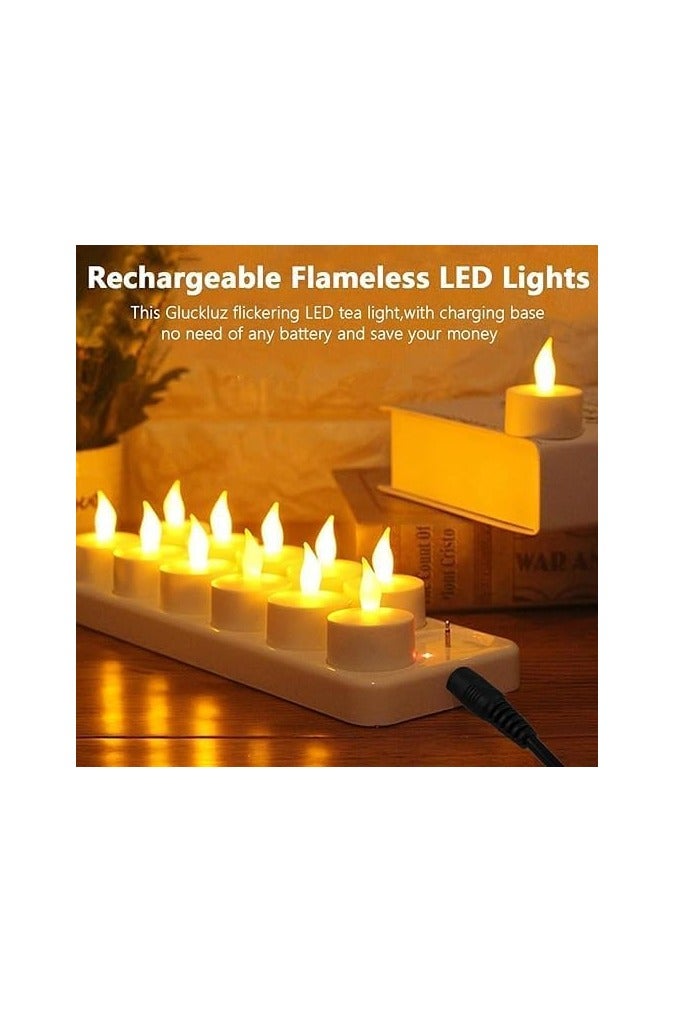 مصباح شموع LED بدون لهب، مصابيح شاي قابلة لإعادة الشحن، مصباح شموع مزخرف مع 12 كوبًا غير لامع، قاعدة شحن للحفلات وحفلات الزفاف والبار والعشاء العائلي والنزهات الخارجية (12 عبوة، دافئة) - Image 2
