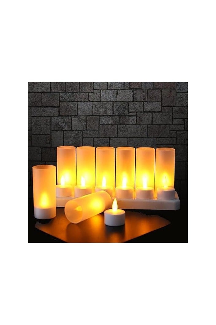 مصباح شموع LED بدون لهب، مصابيح شاي قابلة لإعادة الشحن، مصباح شموع مزخرف مع 12 كوبًا غير لامع، قاعدة شحن للحفلات وحفلات الزفاف والبار والعشاء العائلي والنزهات الخارجية (12 عبوة، دافئة) - Image 1