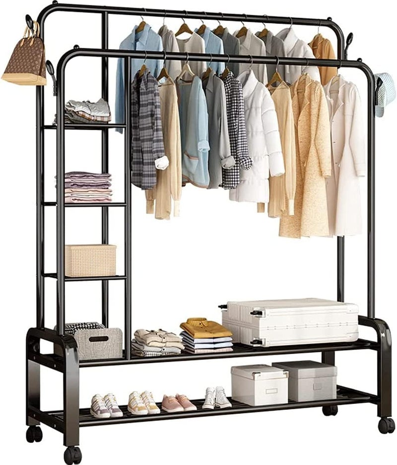 AccLoo Clothes Hanger Stand, Double Rail Clothes Rack with 3-Tier Storage Shelf, Clothes Stand w/ 2-Tier Bottom Shelf, Clothes Garment Coat Rack for Hanging Coats, Skirts, Shirts, Sweaters, Shoe - Image 1