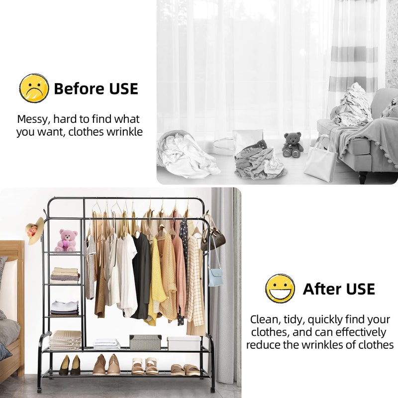 AccLoo Clothes Hanger Stand, Double Rail Clothes Rack with 3-Tier Storage Shelf, Clothes Stand w/ 2-Tier Bottom Shelf, Clothes Garment Coat Rack for Hanging Coats, Skirts, Shirts, Sweaters, Shoe - Image 5