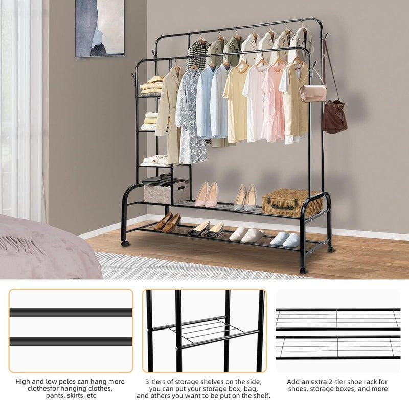 AccLoo Clothes Hanger Stand, Double Rail Clothes Rack with 3-Tier Storage Shelf, Clothes Stand w/ 2-Tier Bottom Shelf, Clothes Garment Coat Rack for Hanging Coats, Skirts, Shirts, Sweaters, Shoe - Image 3