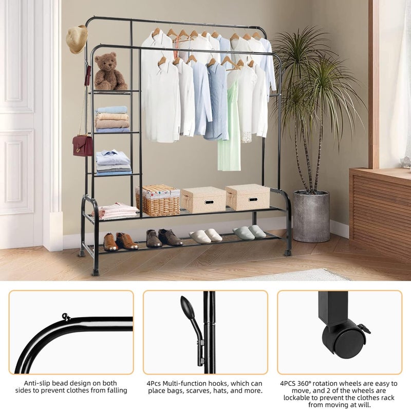 AccLoo Clothes Hanger Stand, Double Rail Clothes Rack with 3-Tier Storage Shelf, Clothes Stand w/ 2-Tier Bottom Shelf, Clothes Garment Coat Rack for Hanging Coats, Skirts, Shirts, Sweaters, Shoe - Image 2