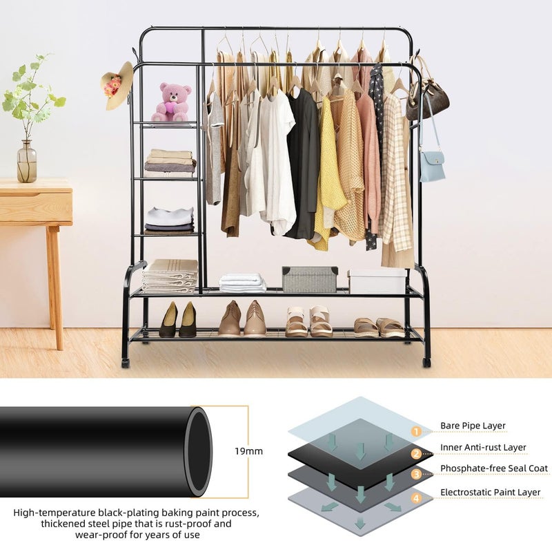 AccLoo Clothes Hanger Stand, Double Rail Clothes Rack with 3-Tier Storage Shelf, Clothes Stand w/ 2-Tier Bottom Shelf, Clothes Garment Coat Rack for Hanging Coats, Skirts, Shirts, Sweaters, Shoe - Image 4