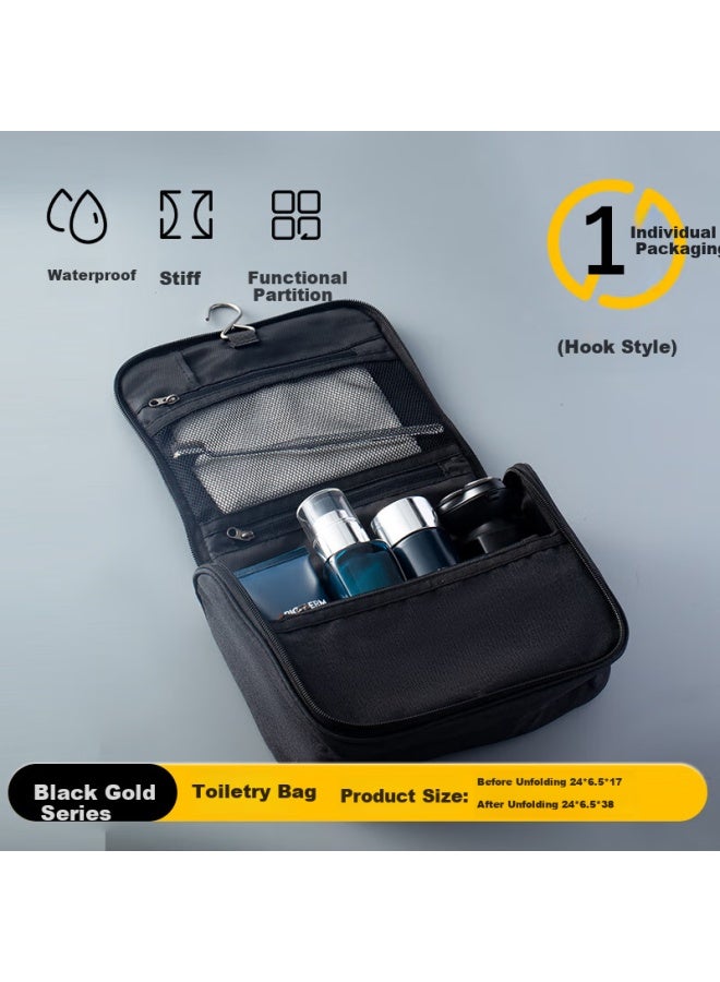 Sometimes Time And Space Travel Toiletry Bag For Men, Business Trip Makeup Bag With Wet And Dry Separation, Portable Large Capacity Hanging Hook High-end Storage Bag In Black And Gold Color - Image 1