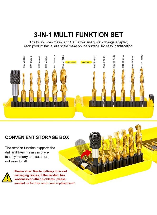 TOPEC 13PCS 3-in-1 Titanium Coated HSS Drill Tap Combination Set, SAE/Metric Tapping Drill Bits, 1/4 Inch Hex Shank - Image 4
