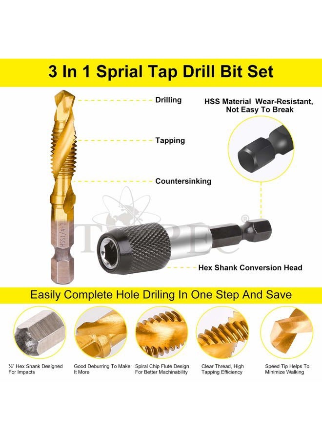 TOPEC 13PCS 3-in-1 Titanium Coated HSS Drill Tap Combination Set, SAE/Metric Tapping Drill Bits, 1/4 Inch Hex Shank - Image 2