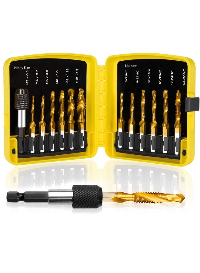 TOPEC 13PCS 3-in-1 Titanium Coated HSS Drill Tap Combination Set, SAE/Metric Tapping Drill Bits, 1/4 Inch Hex Shank - Image 1
