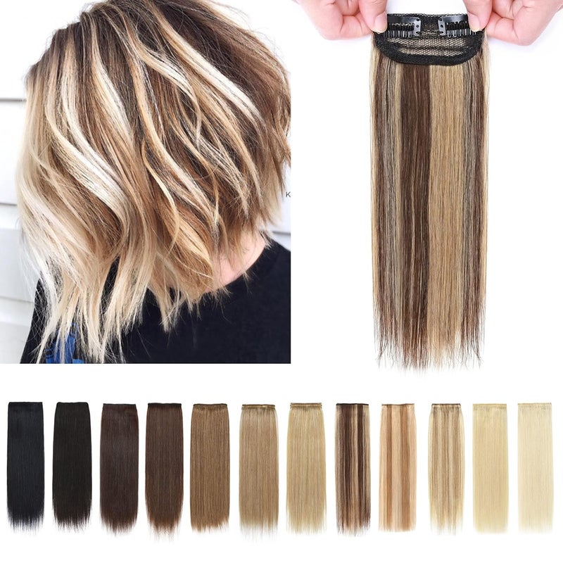 SEGO 2 Pcs Short Hair Extensions Clip in Human Hair 6 Inch 20g Hairpiece Human Hair Toppers for Women With Thinning Hair Adding Hair Volume 4P27 Medium BrownDark Blonde