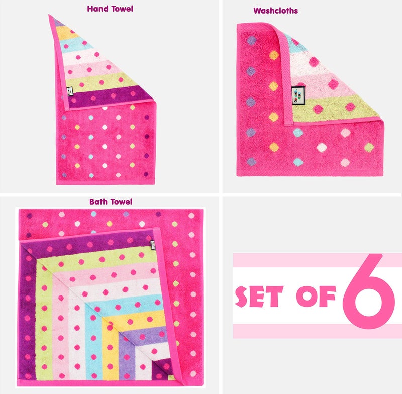 ORIGINAL KIDS 6 Piece Towel Set - Bath Time Sugar & Spice - 2 Towels, 2 Hand Towels, 2 Washcloths - 100% Cotton Jacquard Soft Absorbent Pool Beach Towel Gift - Pink Multicolor - Image 5