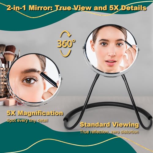 BESZONE Double Sided Mirror to See Back of Head Self Haircut Mirror 360 Rotating, 6.7" Standard and 5X Magnification, Self Cut Hands Free, Adjustable Neck Strap for Hair Cutting Braiding Makeup Travel - Image 2
