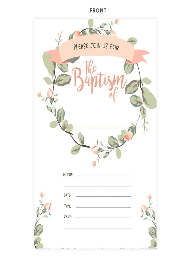 ديزرت كاكتوس بطاقات دعوة لحفل تعميد الأطفال (25 قطعة) مزينة بإكليل زهور وردية اللون على شكل صبار صحراوي، مع مغلفات بيضاء. - Image 2