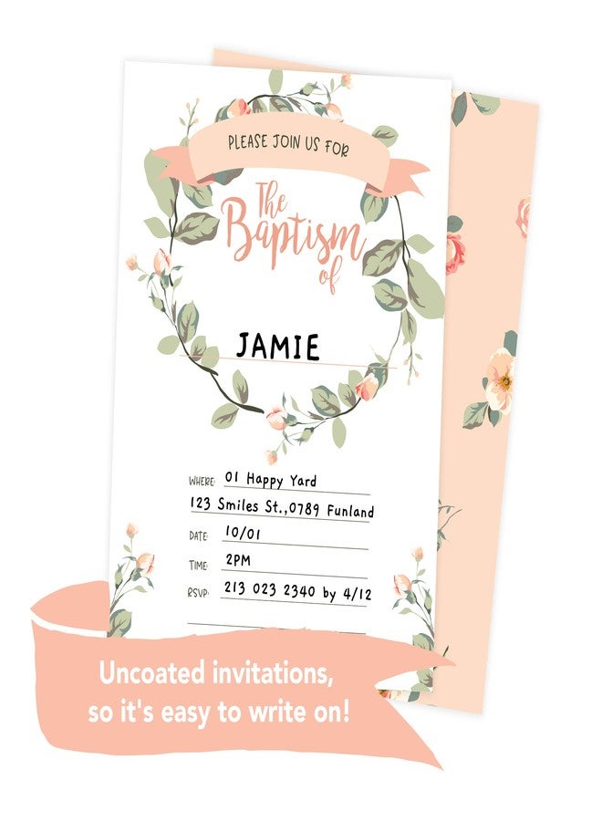 ديزرت كاكتوس بطاقات دعوة لحفل تعميد الأطفال (25 قطعة) مزينة بإكليل زهور وردية اللون على شكل صبار صحراوي، مع مغلفات بيضاء. - Image 4