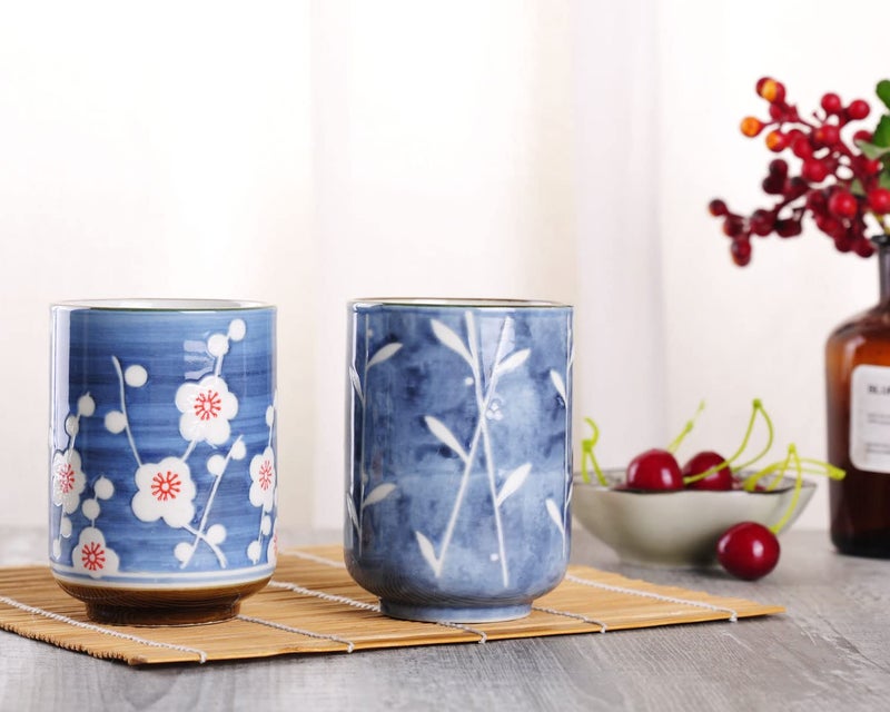 WHJY 10oz Transitional Chinese/Japanese style Handle-less Ceramic Tea cups teacup, Cherry Bloom & Rush straw in Blue Sky Pattern Set of 2 - Image 4