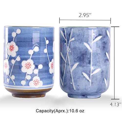 WHJY 10oz Transitional Chinese/Japanese style Handle-less Ceramic Tea cups teacup, Cherry Bloom & Rush straw in Blue Sky Pattern Set of 2 - Image 2