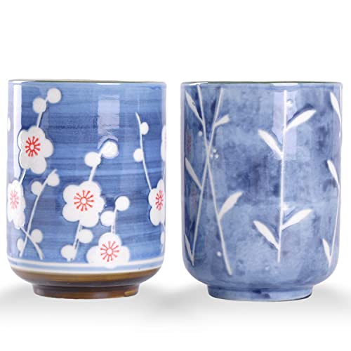 WHJY 10oz Transitional Chinese/Japanese style Handle-less Ceramic Tea cups teacup, Cherry Bloom & Rush straw in Blue Sky Pattern Set of 2 - Image 1